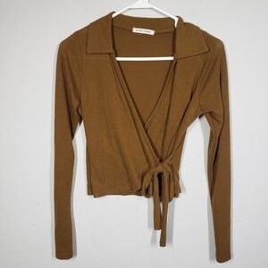 Caution To The Wind Tan Wrap Crop Tie-front Caramel Brown Sweater